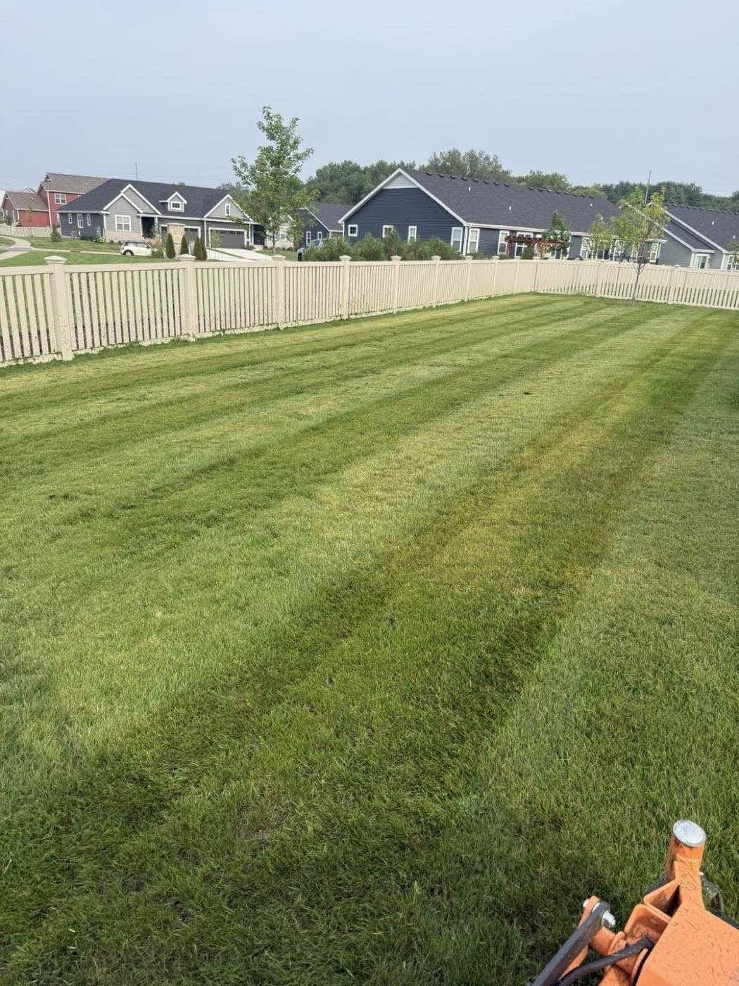 Striped backyard lawn along a vinyl fence